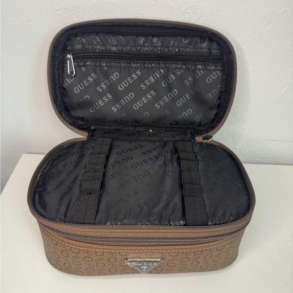Guess Travel Cosmetic Bag Brown Logo 2 Tier Makeup Case Double Layer Organizer - Picture 4 of 8